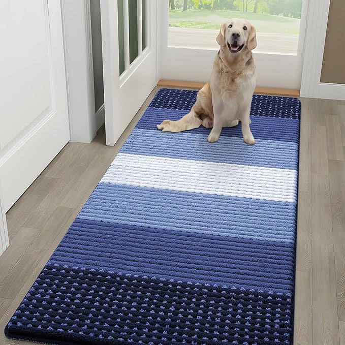 Kitinjoy Indoor Outdoor Door Mat, 59x24 Non-Slip Absorbent Dirt Trapper, Low-Profile Washable Inside Entrance Front Floor Mat, Sturdy Soft Entry Dotted Ombre Doormats for Entryway, Navy Blue