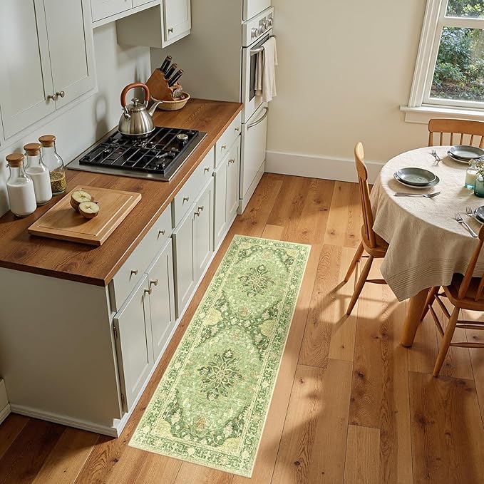 RELEANY Area Rugs Runner 2'x5' Washable Non-Slip, Floral Vintage Distress Medallion Carpet for Kitchen Hallway Bedroom Beside Laundry Room Bathroom, Sage Green Yellow