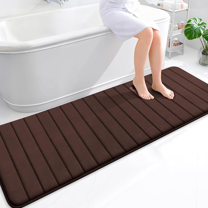 OLANLY Memory Foam Long Bathroom Rugs Runner 70x24, Super Soft Absorbent Bath Mat, Quick Dry, Machine Washable Shower Floor Rugs, Bathmat Carpet, Bathroom Home Decor Accessories, Brown