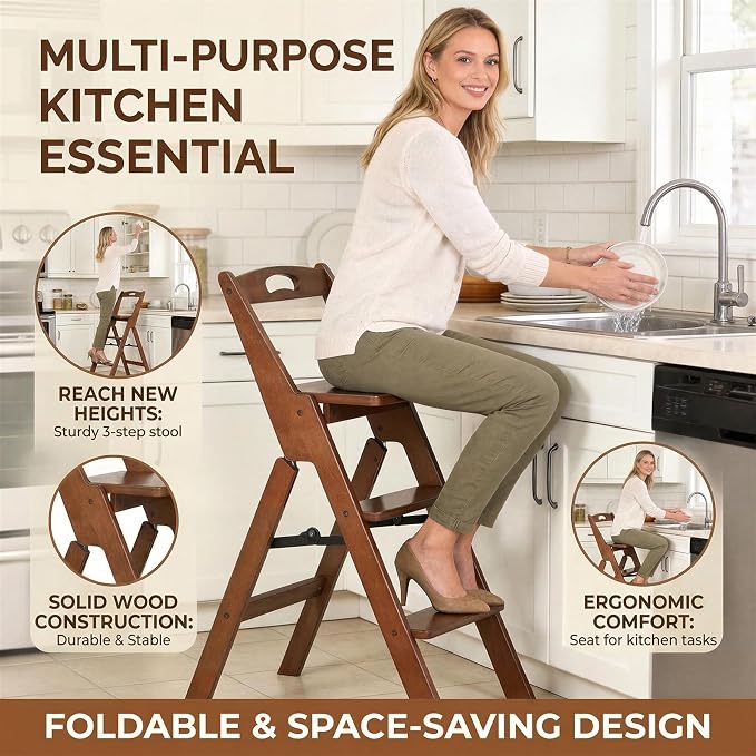 Baveke 3 Step Ladder Folding Step Stool with Handle, Wooden Step Stool Foldable and Kitchen Step Stools for Adults, Closet Stepstool & Collapsible Stool for Kitchen, Home, Indoor（FSC-Certified Bamboo）