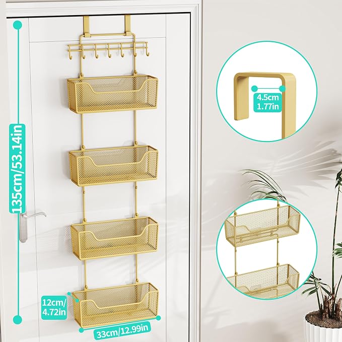 HapiRm Over The Door Organizer - Hanging Door Organizer with 4 Metal Large Capacity Baskets and Adjustable Coat Hook for Bathroom Bedroom Kitchen Pantry Closet Cabinet