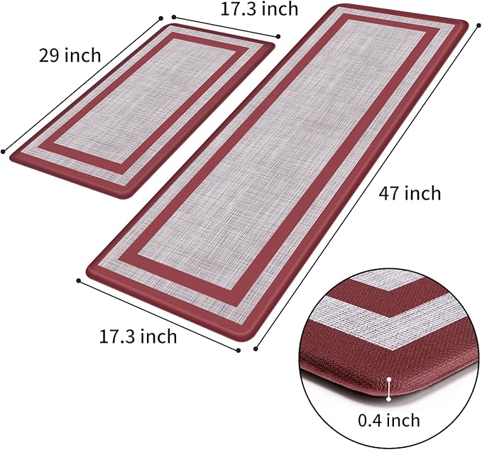 Mattitude Kitchen Mats Set of 2 Cushioned Anti-Fatigue Non-Skid Rug Sets Ergonomic Comfort Standing Mat for Kitchen, Floor, Office, Sink, Laundry,Red