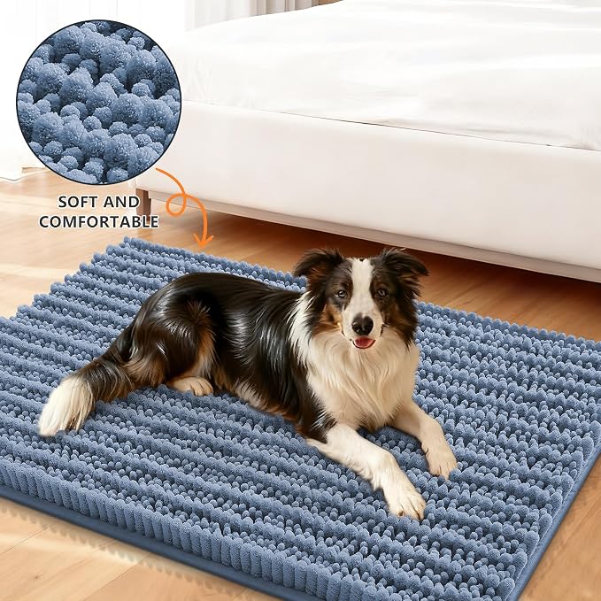 Smiry Dog Door Mat for Muddy Paws 59x24, Absorbent Dirt Trapper, Non-Slip Washable Chenille Entryway Rug for Inside Floor, Airy Blue, Layered Pattern