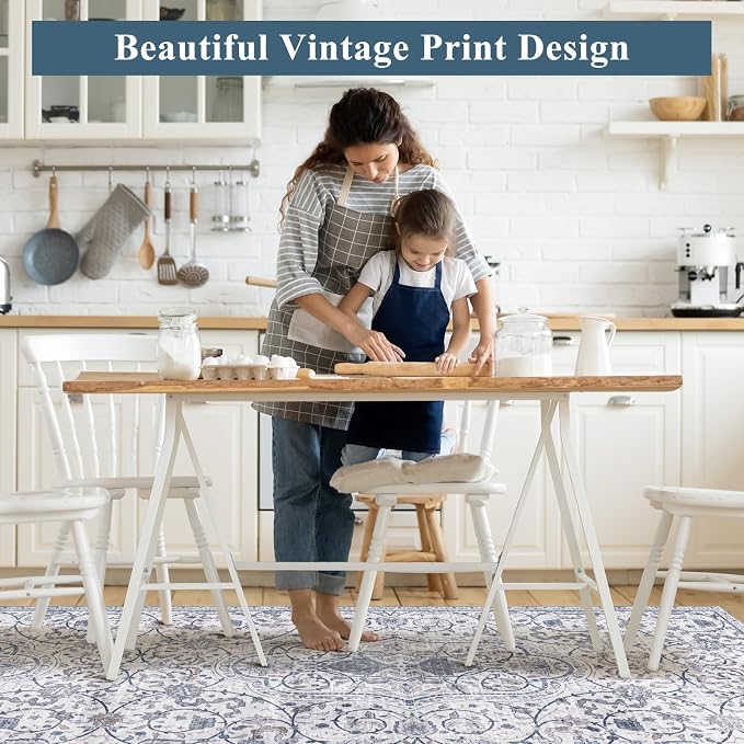Area Mat for Living Room, 5'x8' Waterproof Vintage Print Floor Mat for Bedroom Kitchen, Stain Resistant Non-Slip Rug for Under Dining Table, Soft Floor Play Pad for Spills, Pet Accidents