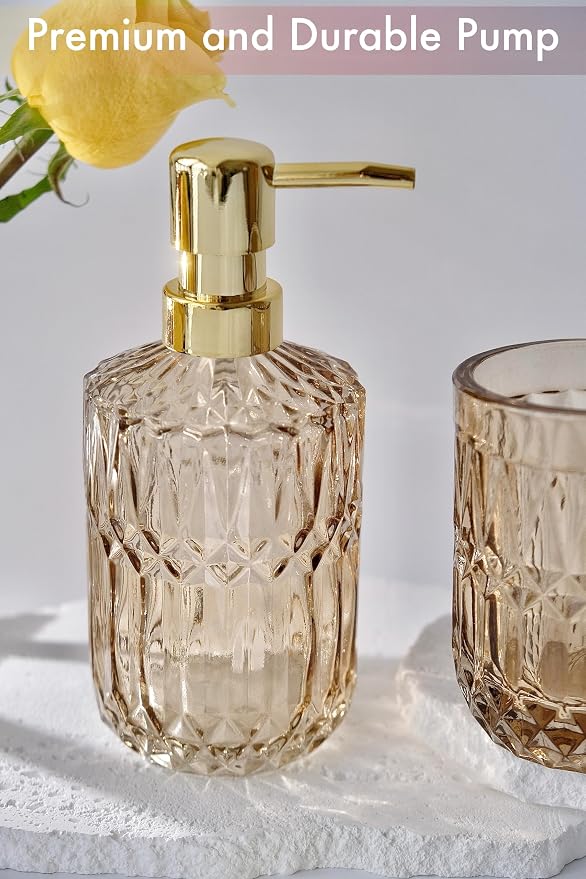LaMarriti Brown Bathroom Accessories Set, 5Pcs Glass Bathroom Set, Soap Dispenser and Toothbrush Holder Set, Soap Dish, Qtips Holder, Tumbler for Crystal Vintage Bathroom Decor