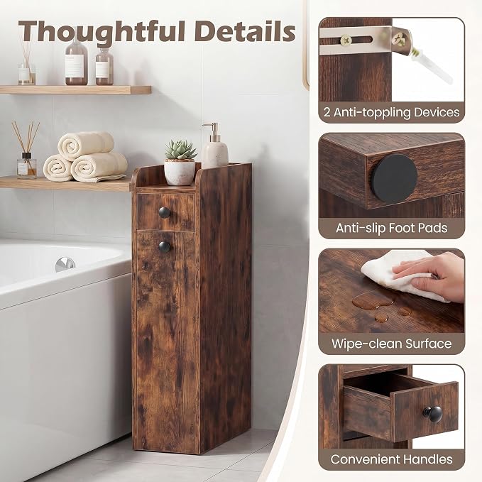 COSTWAY Slim Bathroom Cabinet, 7" Wide Space-Saving Storage with 2-Tier Slide-Out Drawer, Shelf & Toilet Paper Holder, Freestanding Narrow Organizer for Bathroom, Laundry & Small Spaces (Rustic Brown)
