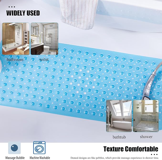 Large Non Slip Bathtub Mat, Extra Long Bath Mat for Tub, 40 x 16 Inch, Machine Washable Shower Mats with Suction Cups and Drain Holes, Bath Tub Mats for Bathroom Non Slip, Clear Blue