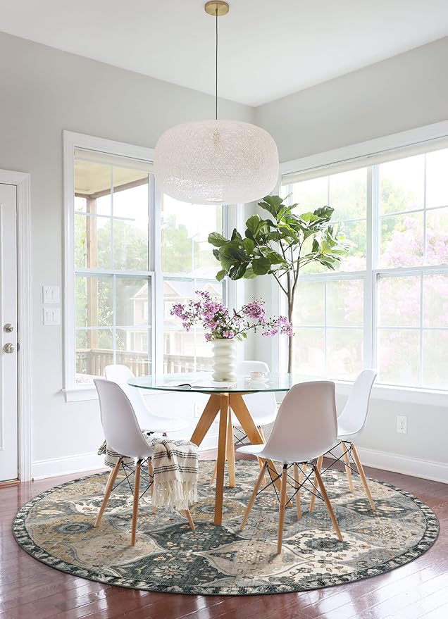 Lahome Moroccan Washable Round Rug 5ft, Soft Vintage Circle Rug for Dining Room Office Bedroom Bathroom Entryway, Distress Non Slip Low Pile Stain Resistant Accent Rug Elise, Grey