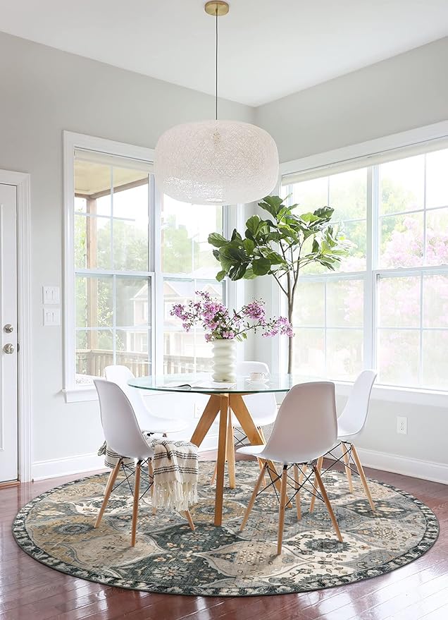 Lahome Moroccan Washable Round Area Rug, Soft Vintage Round Rugs 6ft for Dining Room Bedroom, Ultra-Thin Non-Slip Distress Large Circle Carpet for Living Room Nursery Elise, Grey