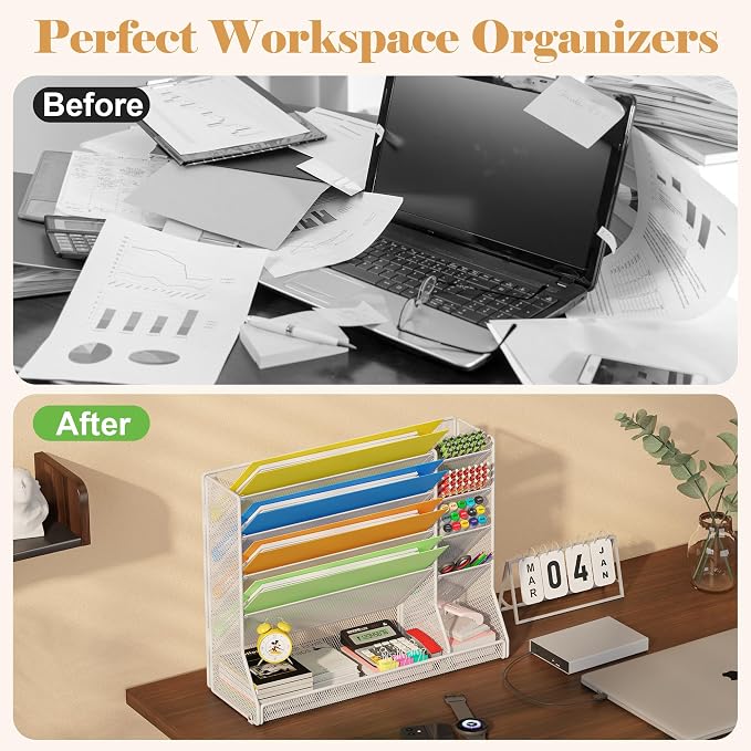 Jakyitvi Wall File Organizer, 5-Tier Hanging Wall File Organizer with R-shaped Bottom Tray, Desk Organizer with 4 Tiers Durable Adjustable Metal & 4 Pen Slots Stable, Wall Organizer for Office, White
