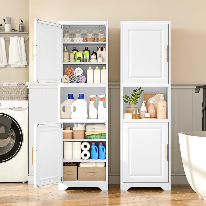 SISESOL 67" Tall Narrow Storage Cabinet with 2 Door and 7 Shelves,Slim Kitchen Pantry Cabinet,White Metal Bathroom Cabinets,Large Cupboard for Home,Kitchen,Laundry,Bathroom