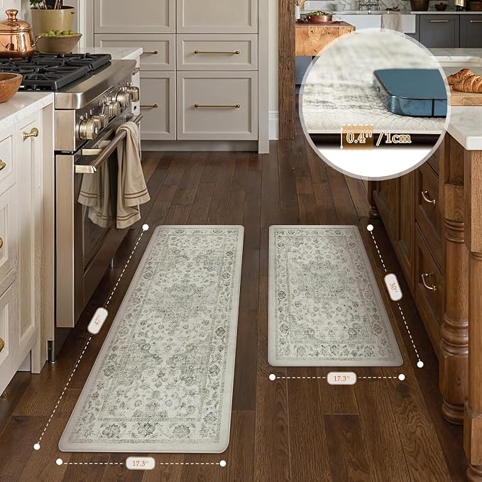Anti Fatigue Kitchen Mats 2PCS Green Neutral Mats for Cushioned Vintage Kitchen Matss for Floor Non-Slip Waterproof Comfort Standing Rug for Sink Laundry Office 17.3"×47"+17.3"×30"