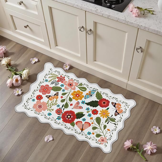 Arenarug Scalloped Kitchen Mats for Floor Cushioned Anti Fatigue Kitchen Mats Rugs Waterproof Non Slip Farmhouse Boho Floral Comfort Foam Standing Mat for Sink Laundry, White, 17.3x30