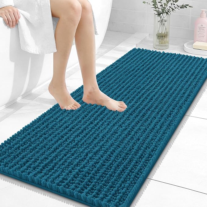 OLANLY Long Bathroom Rugs Runner 47x20, Thick Soft and Absorbent Chenille Bath Mat, Non-Slip, Machine Washable Quick Dry Bath Rugs for Tub Shower Floor, Home Decor Accessories, Peacock Blue