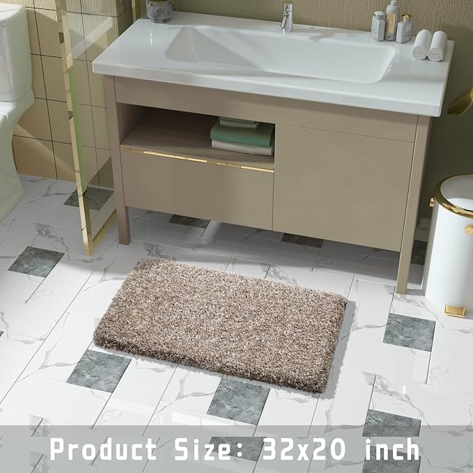 Yimobra Bath Rugs for Bathroom 32X20, Ultra Soft and Water Absorbent Bath Mats, Non Slip Plush Shower Rugs, Microfiber Thick Matts for Bathroom Floor/Tub, Machine Washable, Light Brown and White