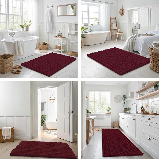 Smiry Bathroom Rugs Mat 47x20, Extra Soft Absorbent Chenille Bath Rugs, Non Slip Rubber Backing Machine Washable Quick Dry Bath Mats for Bathroom Floor, Tub, Shower, Home Decor Accessories, Burgundy