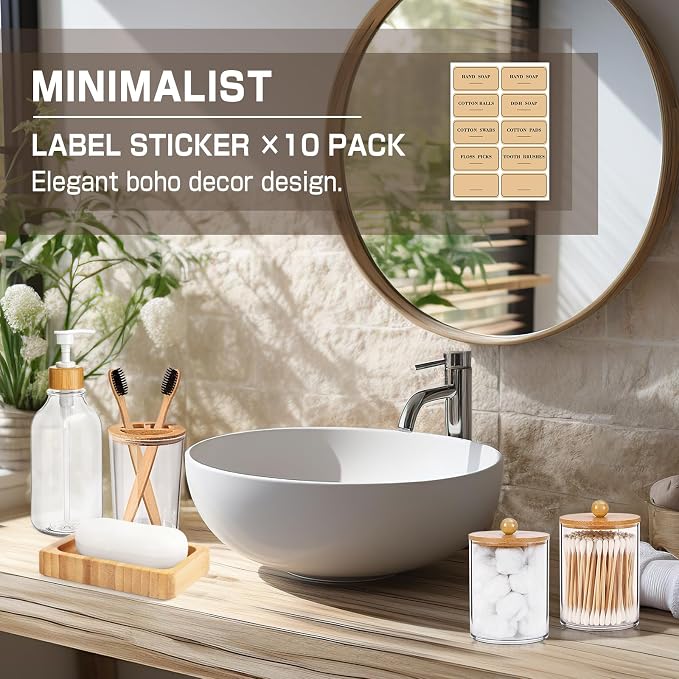 Bamboo Bathroom Accessory Set 5 Pcs, Boho Bathroom Accessories Sets Complete, Clear Bath Soap Dispenser and Toothbrush Holder Set, Soap Dish, Cotton Swab Jar, Boho Organizer