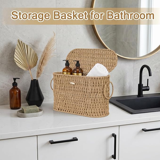 efluky Toilet Paper Storage Basket, Paper Rope Slim Toilet Paper Holder with Lid- Holds Up to 9 Mega Rolls, Home Bathroom Decor Organizer