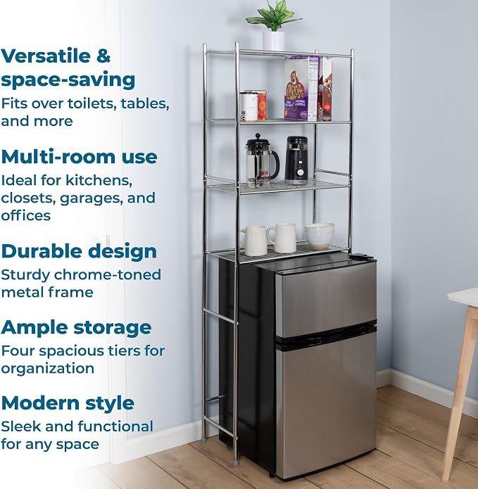 Honey-Can-Do 4-Tier Over-The-Toilet Storage Shelf - Space-Saving Steel Bathroom Restroom Organizer with Neutral Chrome Finish, Ideal for Towels, Toiletries, & Essentials - 24"W x 68"H x 11"D