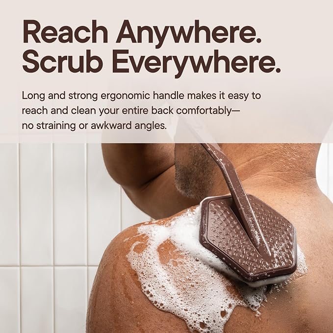 TOOLETRIES Silicone Back Scrubber for Shower, Exfoliating Body & Bath Brush, Long Ergonomic Handle, Non-Slip Grip for Hard-to-Reach Areas, Hygienic Silicone Bath Accessory for Men & Women - Chocolate