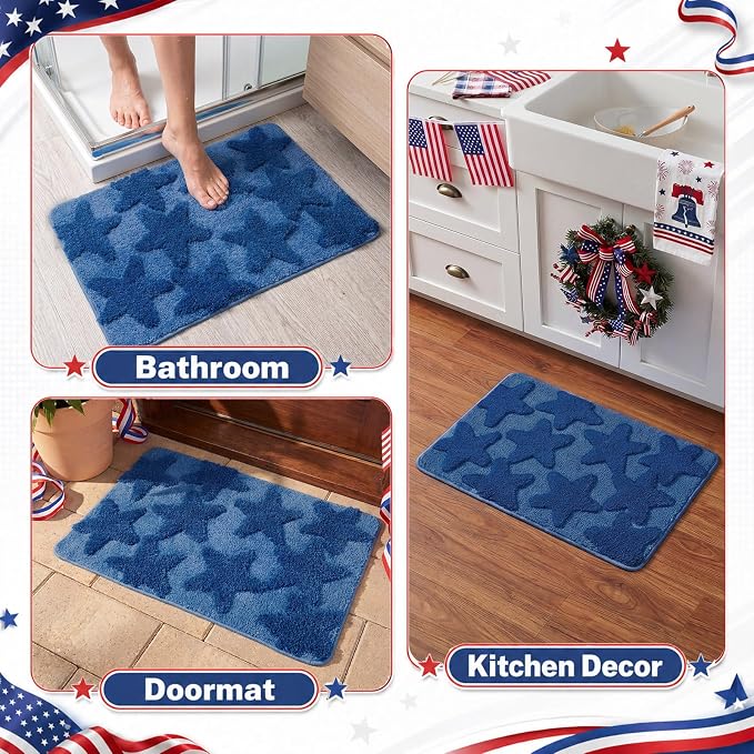 Capoda 1 Pcs Patriotic Bathroom Rug 20 x 30 Inch 4th of July Star Bath Mat Non-Slip Soft Microfiber 4th of July Shower Rug for Independence Day Home Kitchen Bathroom Entrance Decor(Star, Blue)