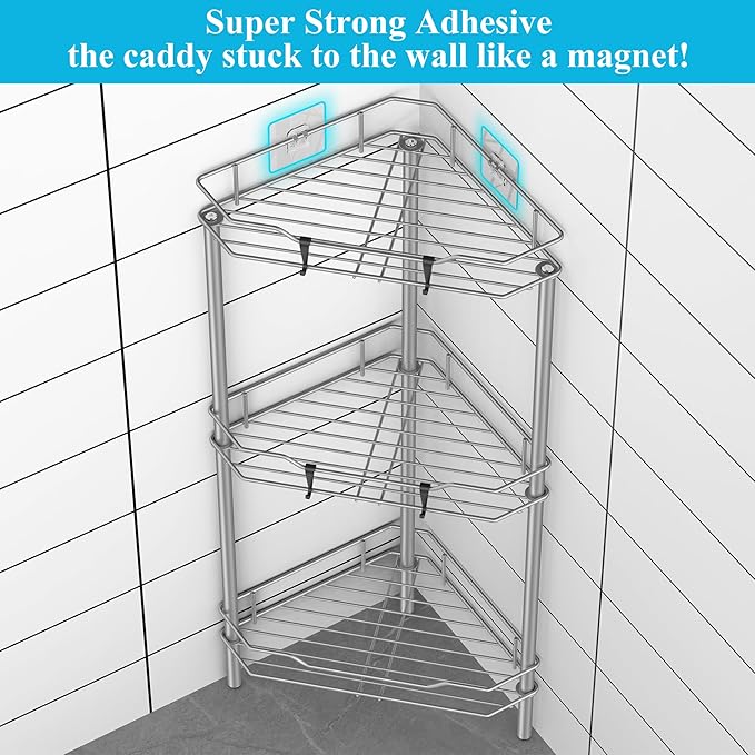 HuggieGems 3 Tier Floor Standing Corner Shower Caddy Organizer Shelf with Hooks, Bathroom Shelves Stand Rack, Gray