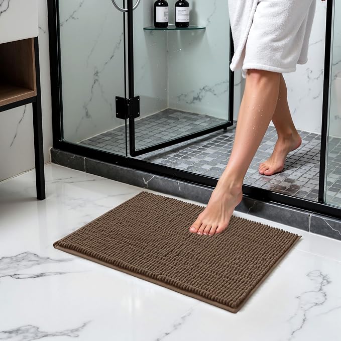 SUBRTEX Bathroom Rugs Chenille Bath Rug Soft Short Plush Bath Mat Soft Shower Mat Water Absorbent Shower Mat Quick Dry Machine Washable(Brown,18" x 24")