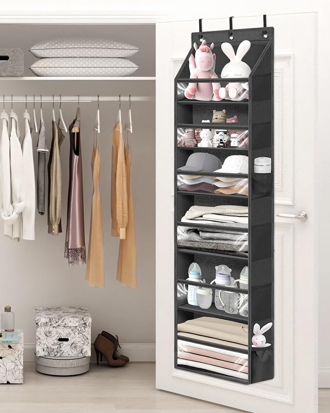 STORAGE MANIAC Over the Door Organizer 6-Shelf Closet Hanging Storage with 14 Mesh Pockets, 66lbs Capacity Clear Deep Pockets Behind Door Storage for Nursery, Bathroom, Bedroom, 1 Pack Black