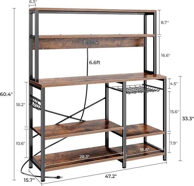 SUPERJARE Bakers Rack with Power Outlet, 47.2 Inches Coffee Bar with 3 Level-Adjustable Open Shelves, Wire Basket, Kitchen Microwave Stand with 6 S-Shaped Hooks, Rustic Brown