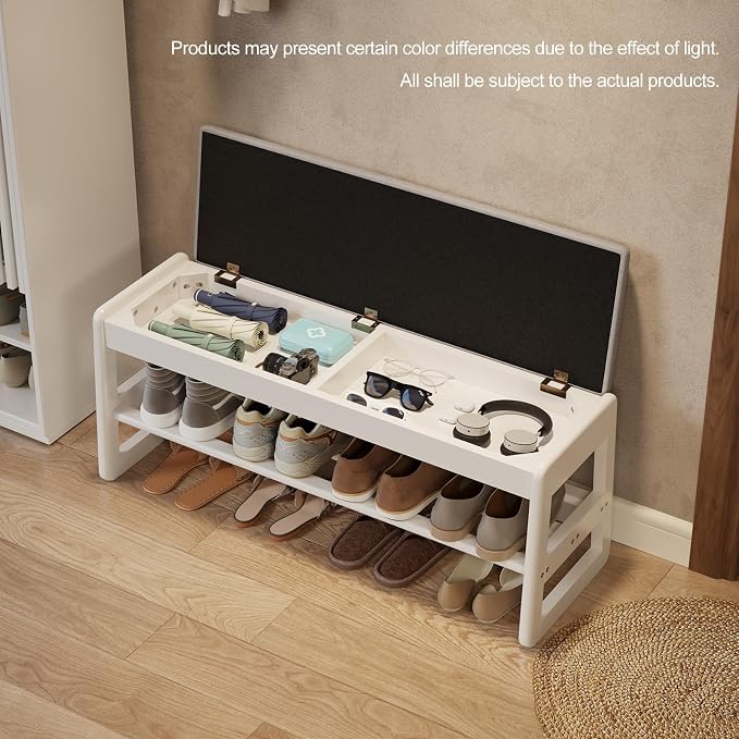AQIMUELE Shoe Rack Bench,2 Tiers Shoe Bench with Storage with Flip-Top,Wood Shoe Rack for Entryway,Hallway（White Upholstered Seat,11.8" D x 39.3" W x 15.7" H）