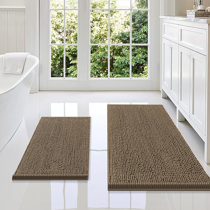 Smiry Bathroom Rugs Sets 2 Piece, Soft Absorbent Chenille Machine Washable Non Slip Shaggy Bath Rug Set for Tub, Shower, and Floor (36x24+24x16, Camel)