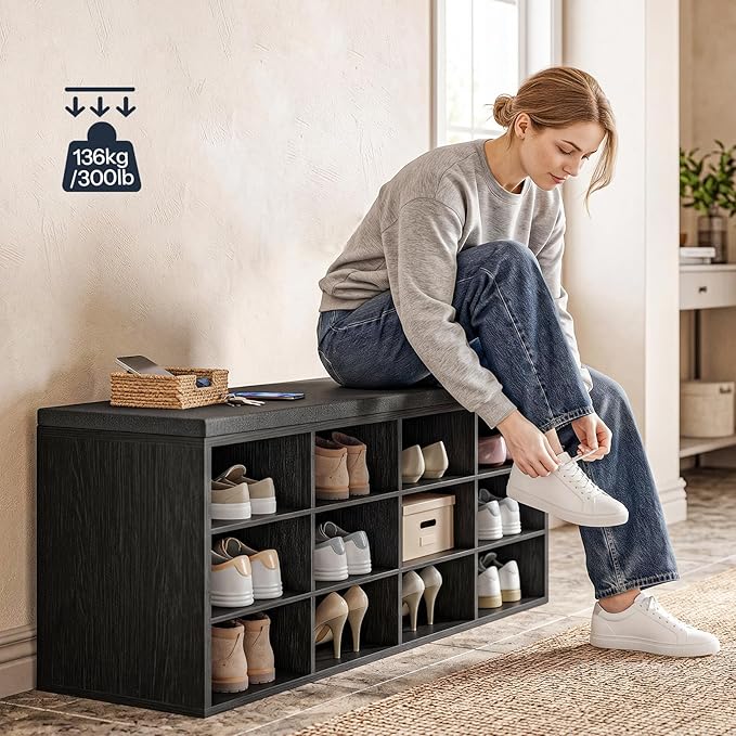 HOOBRO Shoe Storage Bench with Cushion, 39.4" L Entryway Bench with 12 Cubbies, Entryway Hall Tree with Storage, Cubby Shoe Rack Bench with Coat Rack for Hallway, Holds up to 330 lb, Black BB112HX01