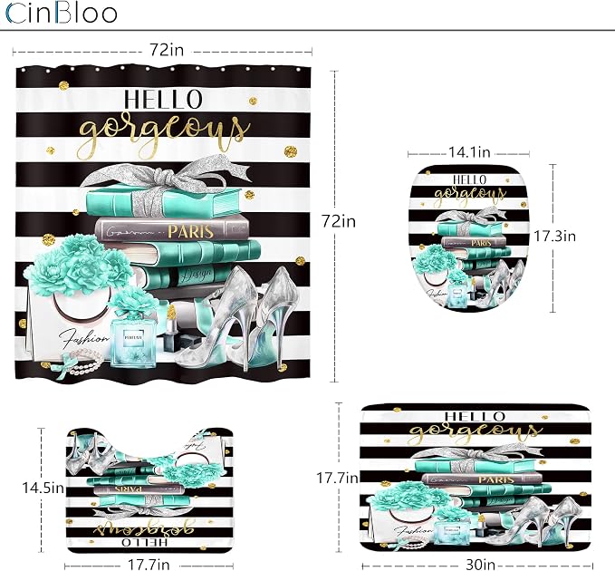 4Pcs Black and Teal Shower Curtain Set,Modern High Heels Striped Magazine Book Bathroom Curtain with Rug, Toilet Lid Cover, Bath Mat,Floral Flower Perfume Shower Curtain with 12 Hooks