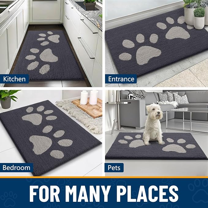 Smiry Dog Door Mat for Muddy Paws, Absorbs Moisture and Dirt, Low-Profile Entryway Mat with Non-Slip Backing, Entry Indoor Outdoor Doormat for Inside Floor (59x20 Inches, Dark Grey, Paw)