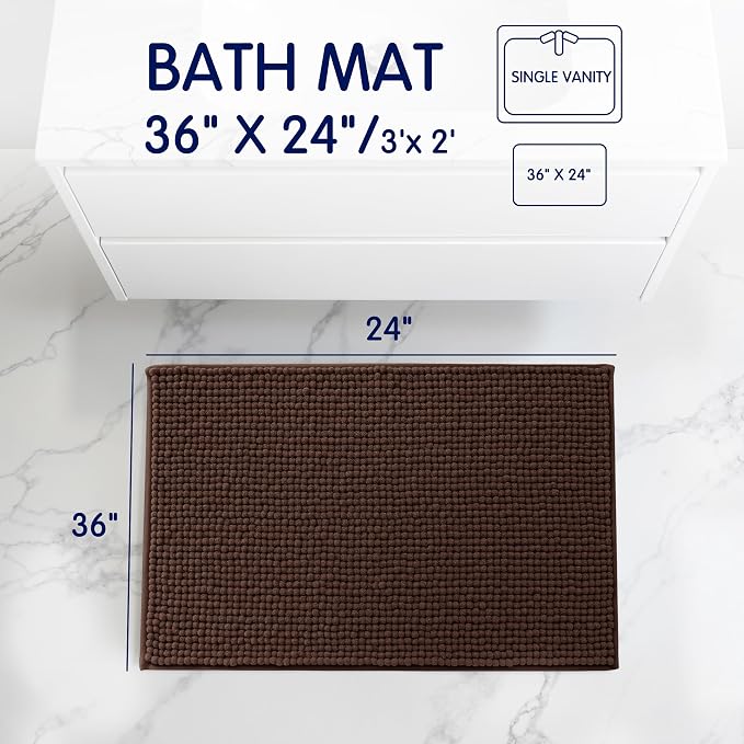 SUBRTEX Bathroom Rugs, 24" x 36" Chenille Bath Rug Soft Short Plush Bath Mat Soft Shower Mat Water Absorbent Shower Mat Quick Dry Machine Washable, Chocolate