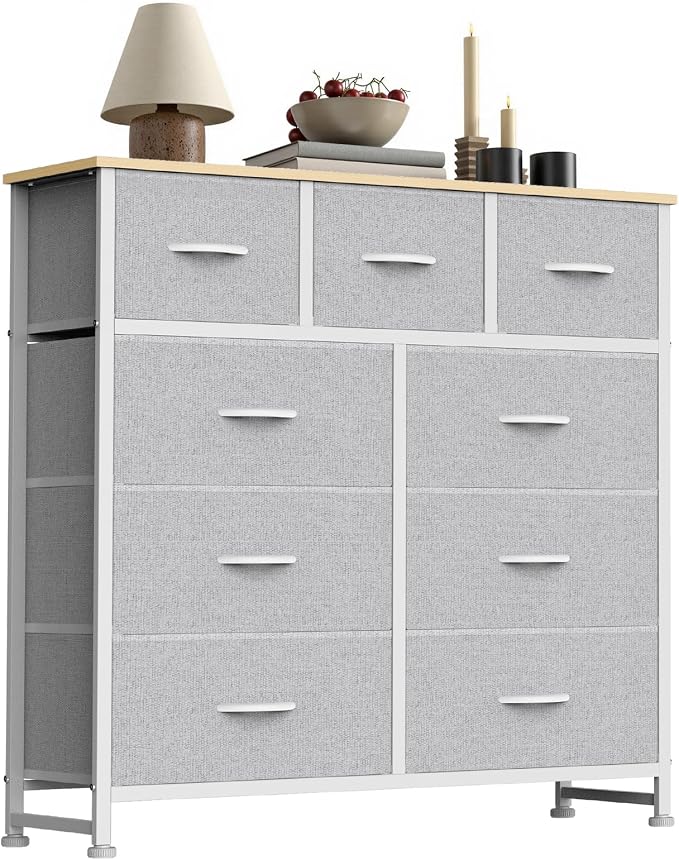 Sweetcrispy 9 Drawer Fabric Dresser Storage Tower with Wood Top and Steel Frame, Organizer Chest with Easy Pull Handles for Bedroom, Closet, Hallway,Light Gray