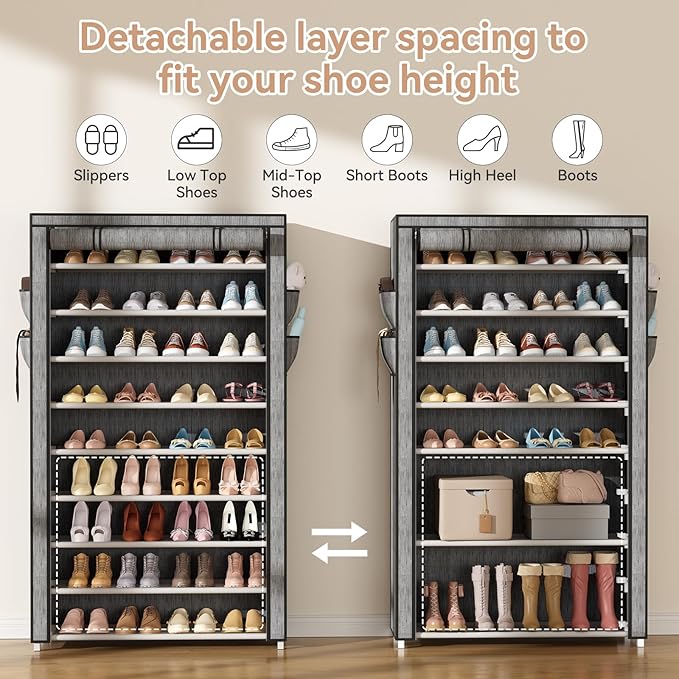 LANTEFUL Shoe Rack with Covers 10 Tier Tall Shoe Rack Organizer Large Capacity Shoe Shelf Storage 40 Pairs Space Saving Free Standing Shoe Storage Organizer for Closet, Entryway, Dorm, Printing