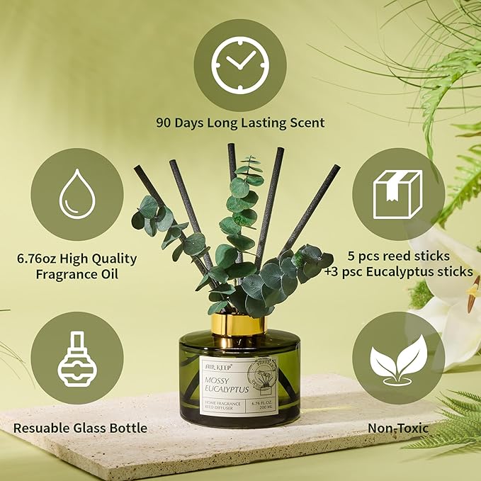 Airkeep Reed Diffuser Set with 6.76 fl oz Moss Eucalyptus Scent Essential Oils and 3 Leaves & 8 Diffuser Sticks,Bathroom Shelf Decor & Air Freshener, House Bedroom Office Decor & Gifts