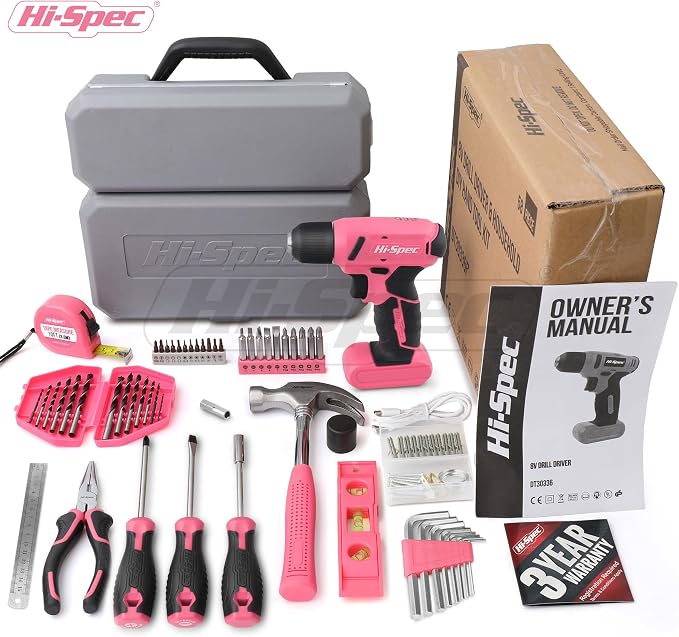 Hi-Spec 58pc Pink 8V USB Electric Power Cordless Drill Driver and Womens Ladies Home DIY Tool Kit Set. Screwdrivers, Drill Bit Set Accessories, Pliers and Hammer In a Toolbox Case