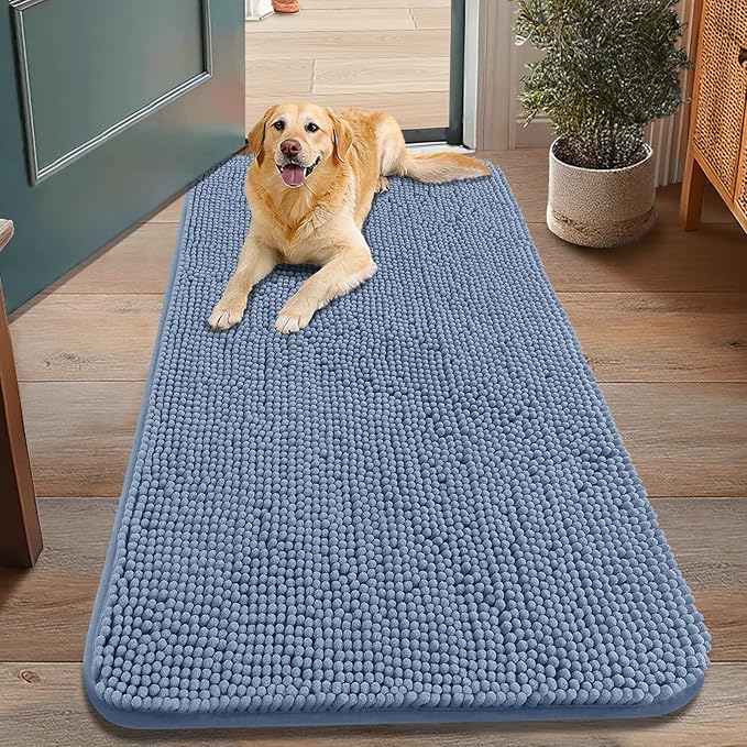 Smiry Dog Door Mat for Muddy Paws 48x30, Absorbent Dirt Trapper, Non-Slip Washable Chenille Entryway Rug for Inside Floor, Airy Blue, Classic Solid
