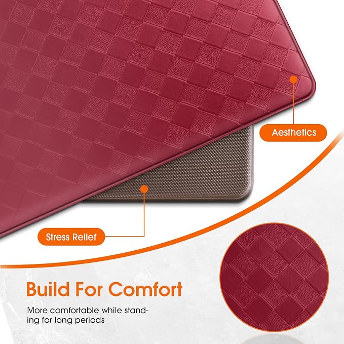 TranquilRelax 2-Piece Anti-Fatigue Kitchen Mats, Cushioned Non-Slip Waterproof Sink & Stove Floor Mats, Comfortable Standing Rug Set for Kitchen, Laundry & Entryway, Red