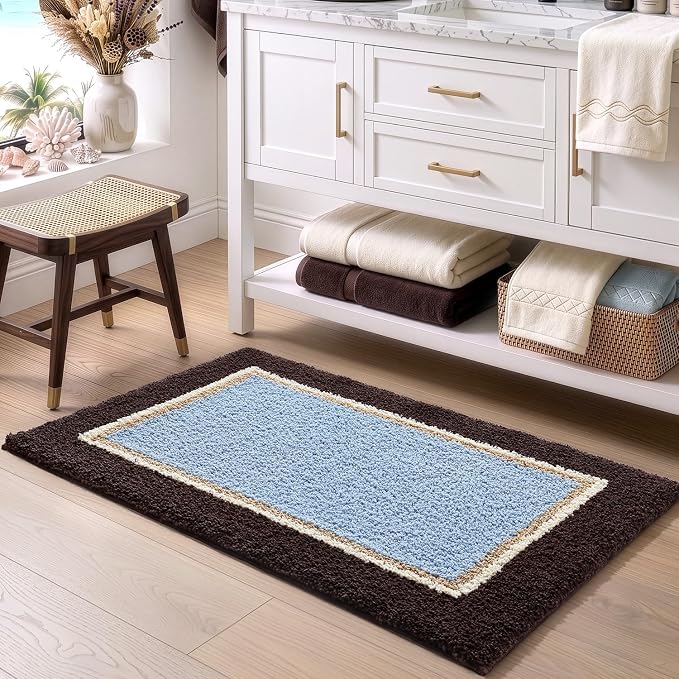 DEXI Bathroom Rugs 36x24, Absorbent Extra Soft Plush Microfiber Bath Mat for Bathroom, Non Slip Washable Bathmat Quick Dry for Shower Floor, Sink, Tub, Laundry Room, Brown and Light Blue