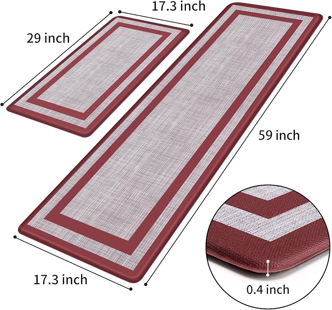 Mattitude Kitchen Mats Set of 2 Cushioned Rugs Anti-Fatigue Mats for Kitchen Floor,Waterproof Non-Slip Mats and Rugs Set for Office,Floor,Laundry 17.3"×29"+17.3"×59",Red