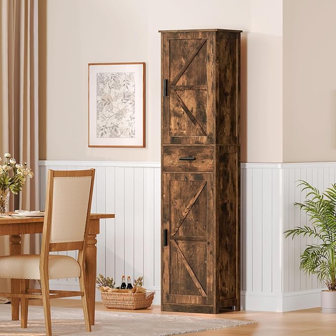 TEENFON Tall Bathroom Cabinet, Storage Cabinet with 6 Shelves & Drawer, Bathroom Storage Cabinet with Adjustable Shelves, Tall Cabinet for Living Room, Home Office, Brown