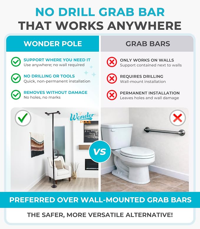Stander Security Pole and Curve Grab Bar, Elderly Tension Mounted Floor to Ceiling Transfer Pole, Bathroom Safety Assist and Stability Rail, Metallic Black