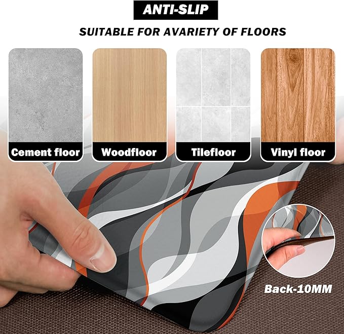 Kitchen Mats for Floor Modern Abstract kitchen rugs Grey and Orange Stripe Anti Fatigue Kitchen Mats Waterproof Floor Mats Cushioned Non-Skid Standing Mats for Kitchen, Set of 2,17.3 x 28+17.3 x 47