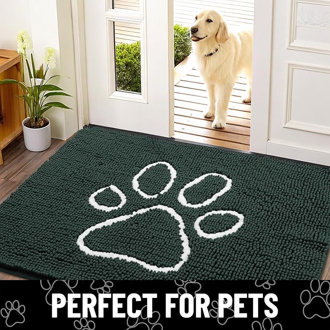 Smiry Dog Door Mat for Muddy Paws, Absorbent Dirt Trapper Non Slip Quick Dry Washable Chenille Mat for Mud Dogs, Entry Rug for Indoor and Outdoor (48x30 Inches, Green and White)