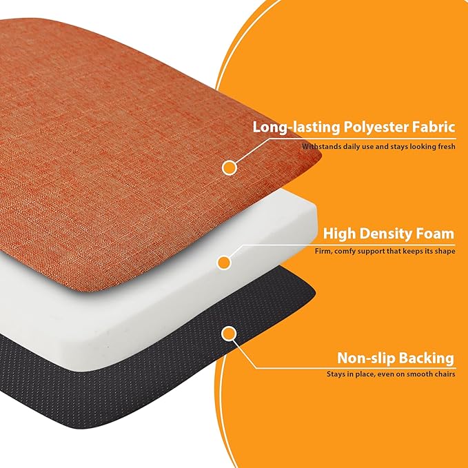 Ruqmuis Chair Cushions for Dining Chairs, 2" Thick Seat Cushions for Kitchen Chairs, D-Shaped Chair Pads with Washable Cover, Ties and Non Slip Backing, 17'' x 16'', Set of 6, Orange