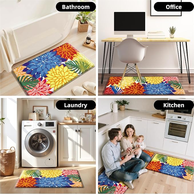 Arenarug Kitchen Mats for Floor 2PCS Cushioned Anti Fatigue Kitchen Mats Waterproof Non Slip Kitchen Mat Rug Set Comfort Foam Standing Mat for Sink, Laundry, Office,17.3" x 28" + 17.3" x 47", Colorful