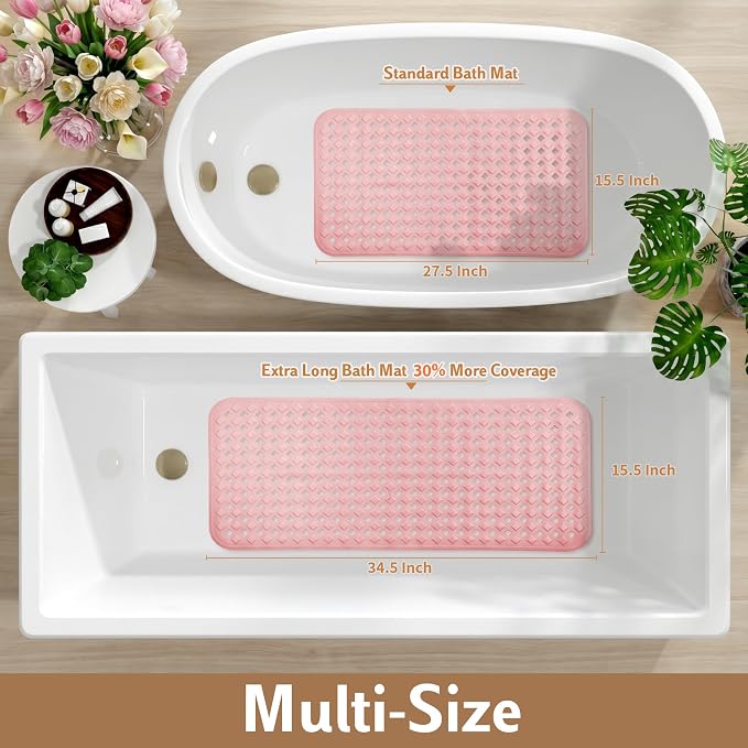 Yimobra Bathtub Mat Non Slip, 35"X16" Shower Mat with Strong Suction Cups & Drain Holes, Long Anti Slip Bath Tub Mat for Inside Shower, Machine Washable Fast Drying, Bathroom Essentials, Pink
